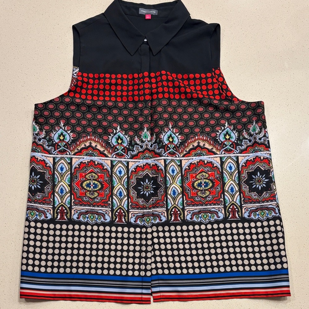 Vince Camuto Sleeveless Patterned Top - Black and Red